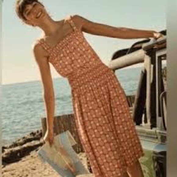 Boden Midi Dress Brown Pineapple Print Smocked Strappy Sundress Beach 8 Regular‎ - Picture 1 of 4
